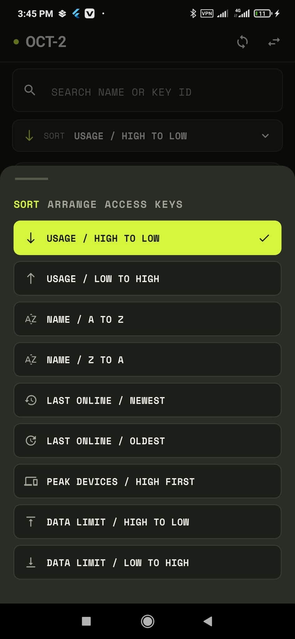 Sort Access Keys Modal